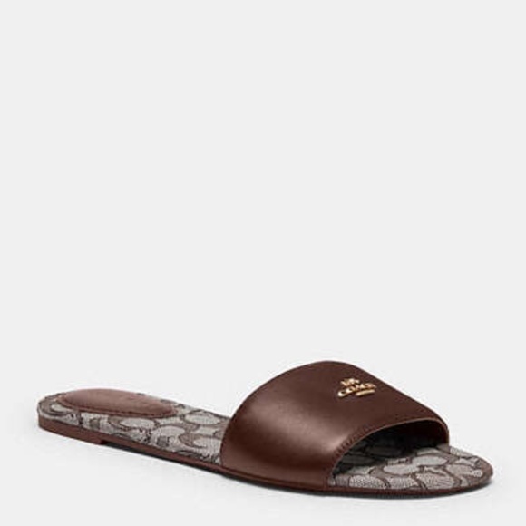 New🍁🤎Coach Oak/Maple Slide Sandal In Signature Jacquard - Picture 1 of 5